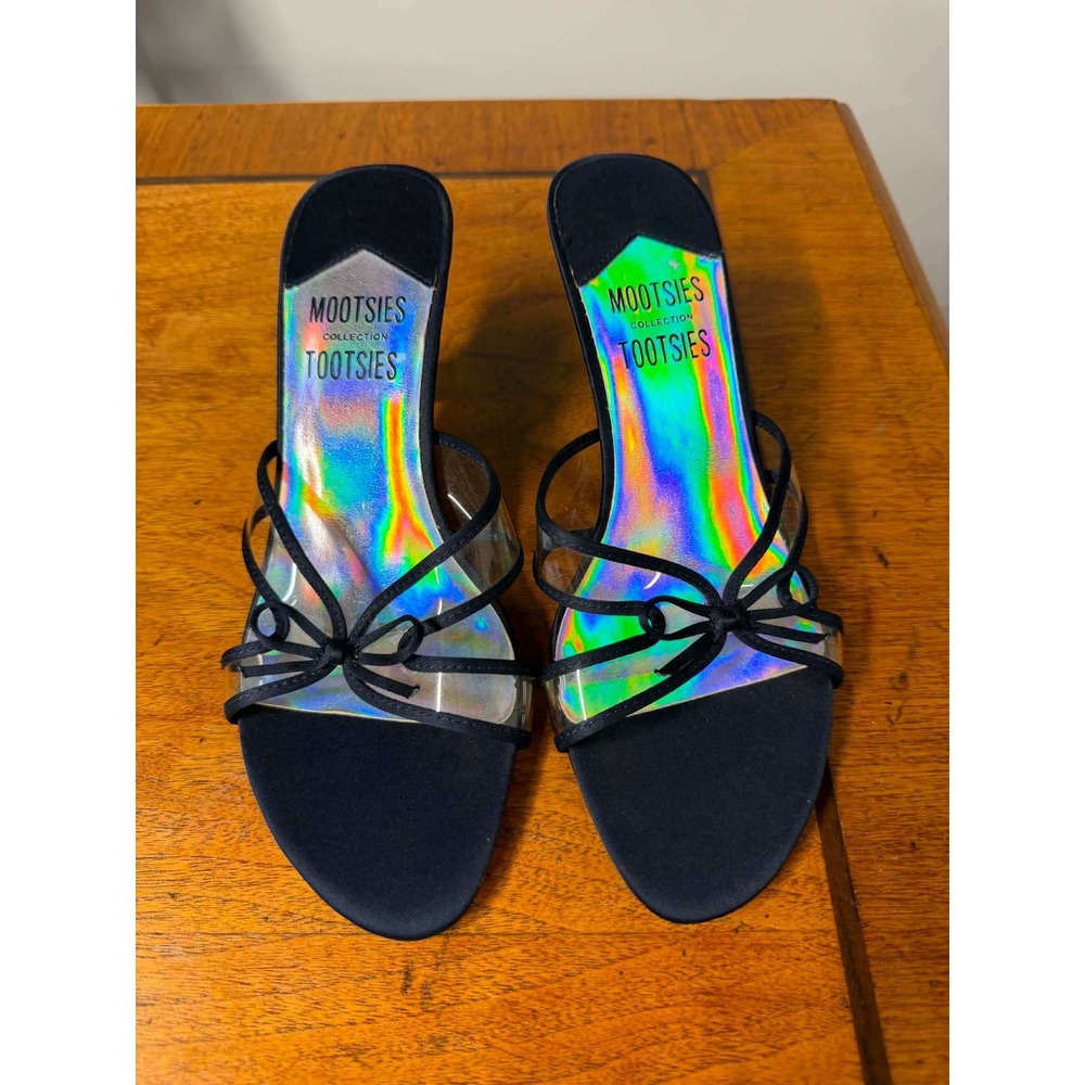 Vtg Y2k Womens 6 Navy Blue Sandals Trixie 2 Iridescent Kitten Heel Bow